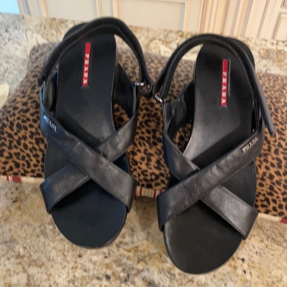 Prada  Velcro Fastening Black Criss Cross leather sandals - Picture 1 of 8